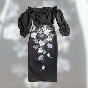 Ted Baker Black Floral Embellished Knee-Length Dress